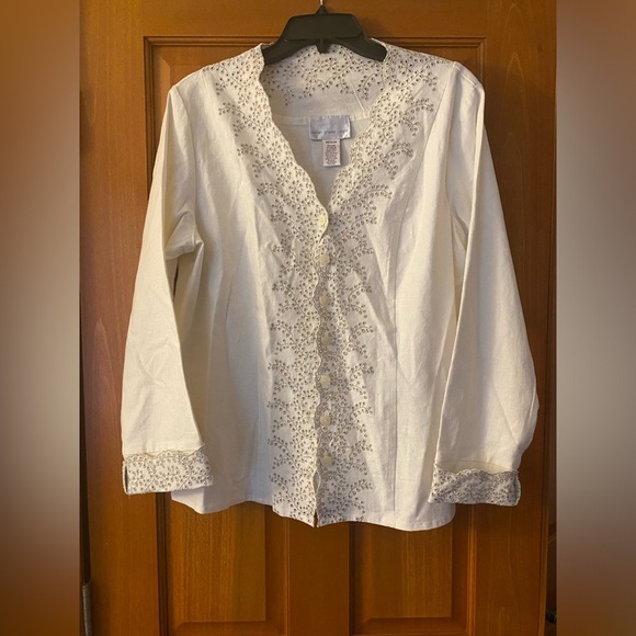 SUSAN GRAVER STYLE White Silver Metallic Eyelet Jacket Blazer Linen Blend Medium - Picture 1 of 8